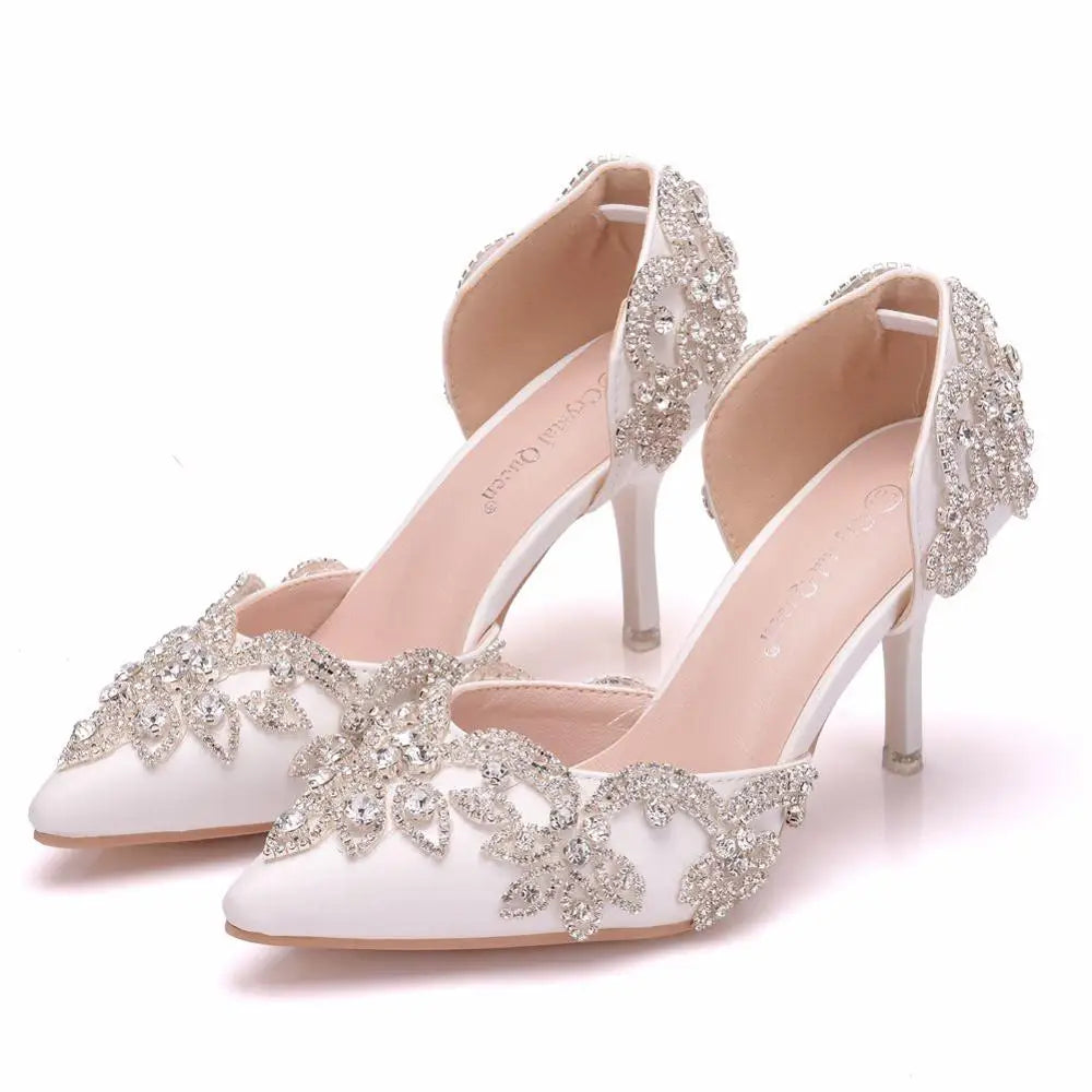 Women Bride Shoes High Heels Wedding Thin Heels White Diamond Glittering Evening Dress Shoe Luxury Crystal Pumps For Party  Amaijoin