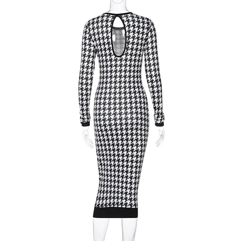 Houndstooth Print Women Long Sleeve Midi Dress Hollow Out Bodycon Sexy Streetwear 2022 Autumn Winter Club Elegant Slim  Amaijoin