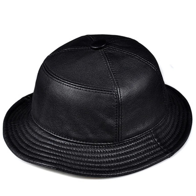 Korean Fashion ACC Unisex Genuine Leather Bucket Hats Men Women Casual Fishing Caps Male Fitted Black Basin Cap Sombrero Mujer  Amaijoin