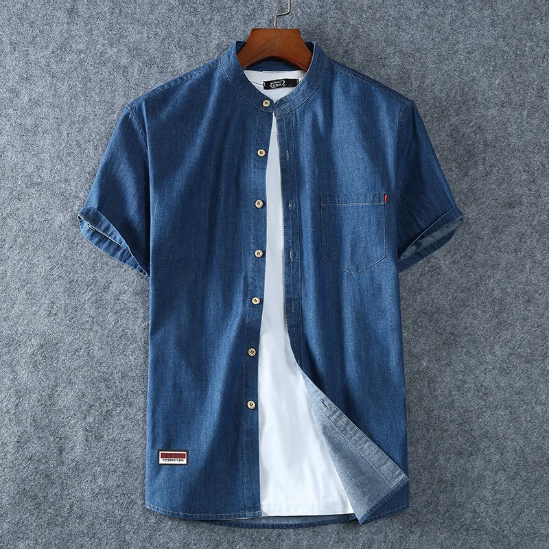 Men's Blue Denim Shirts Short Sleeve Jean Shirts New Summer High Quality Men Cotton Light Blue Denim Shirts Plus size L-8XL  Amaijoin