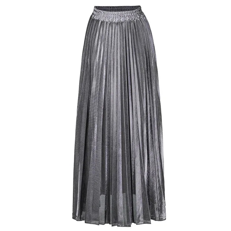 2022 Spring Metal Color Pleated Maxi Skirt Elastic High Waist Harajuku Large Swing Gold Long Skirts For Women XXL Saias SK275  Amaijoin