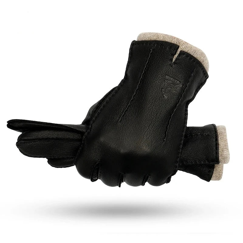 hand-stitched deerskin gloves men warm soft men's black corrugated gloves 70% wool lining warm in autumn and winter man mitten  Amaijoin