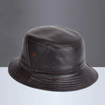 Carregue a imagem no visualizador da Galeria, NEW RY995 Man Real Leather Fitted Flat Bucket Hats Male Outdoor Potted Short Brim Black/Brown Hip Pop Gorras Elderly Fishing Cap  Amaijoin
