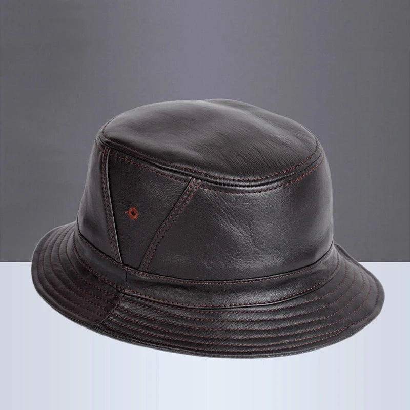 NEW RY995 Man Real Leather Fitted Flat Bucket Hats Male Outdoor Potted Short Brim Black/Brown Hip Pop Gorras Elderly Fishing Cap  Amaijoin