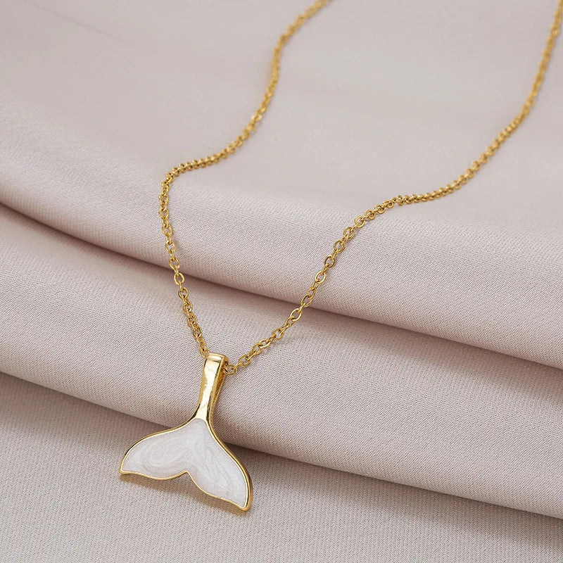 DIEYURO 316L Stainless Steel New White Shell Mermaid Tail Lucky Beautiful Pendant Necklace Valentine's Day Gift For Girlfriend  Amaijoin