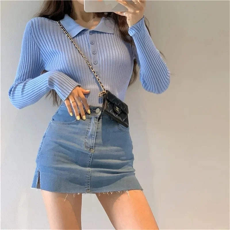 Korean Fashion Buttons Cropped Knitted Polo Shirt Sweater Women Autumn Fashion Elegant Long Sleeve Tops Ladies Knitwear Femme  Amaijoin