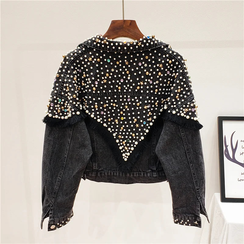 2024 New Mujer Spring Autumn Streetwear Denim Jacket Women Hand-studded Pearls Punk Tassel Veste Femme Loose Short Jeans Coats  Amaijoin