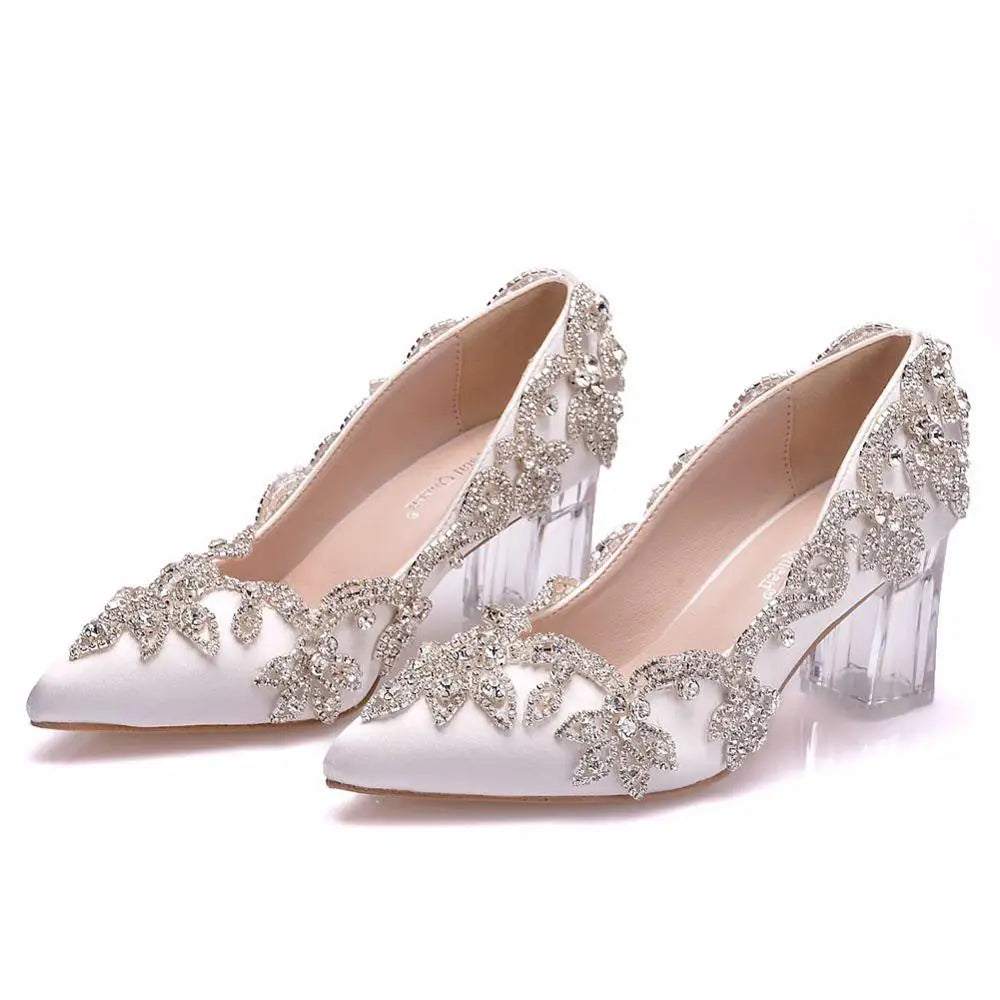 Women Bride Shoes High Heels Wedding Thin Heels White Diamond Glittering Evening Dress Shoe Luxury Crystal Pumps For Party  Amaijoin