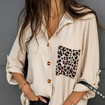 Load image into Gallery viewer, Women Casual Streetwear Summer Shirt Leopard Patch Pocket Loose Casual Ladies Long Sleeve Button Placket Tops for Work  Amaijoin
