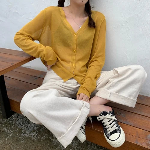 Cardigan Shirt Women Tops Korean Long Sleeve Cardigan Summer Tops V Neck Thin Knitted Sunscreen Shirt Sweater Blusas Mujer E600  Amaijoin