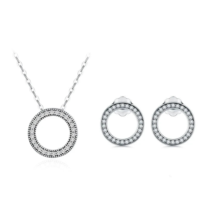 Modian Classic Circle Sparkling CZ Stud Earrings 925 Sterling Silver Heart Romanti Jewelry Sets For Women Fine Necklace Pendant  Amaijoin