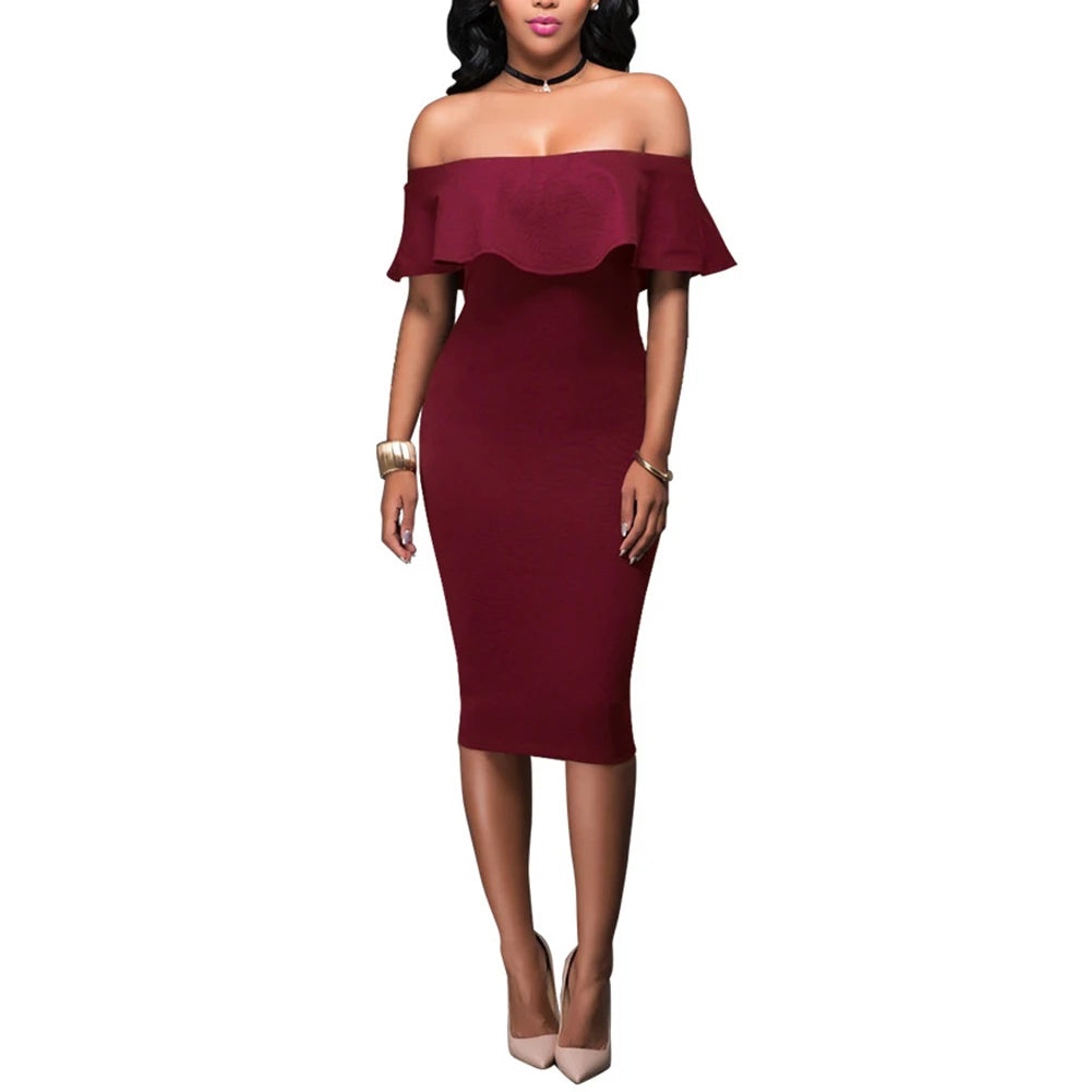 Women Party Bodycon Midi Dress Sexy Off Shoulder Layered Flounce Ruffle Chic Elegant Evening Party Dress de mulher Suit Vestidos  Amaijoin