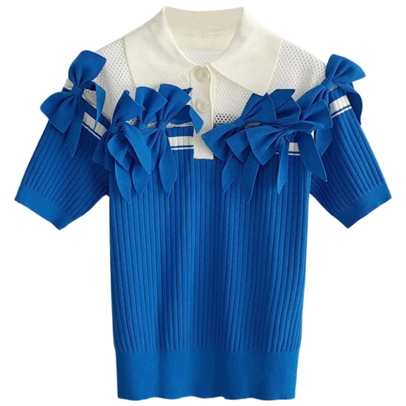 Chic Polo Shirts for Women Ladies Tops Elegant 2021 Summer Knit T Shirt Women Fashion Tops 3D Bows White Patchwork Blue Shirt  Amaijoin