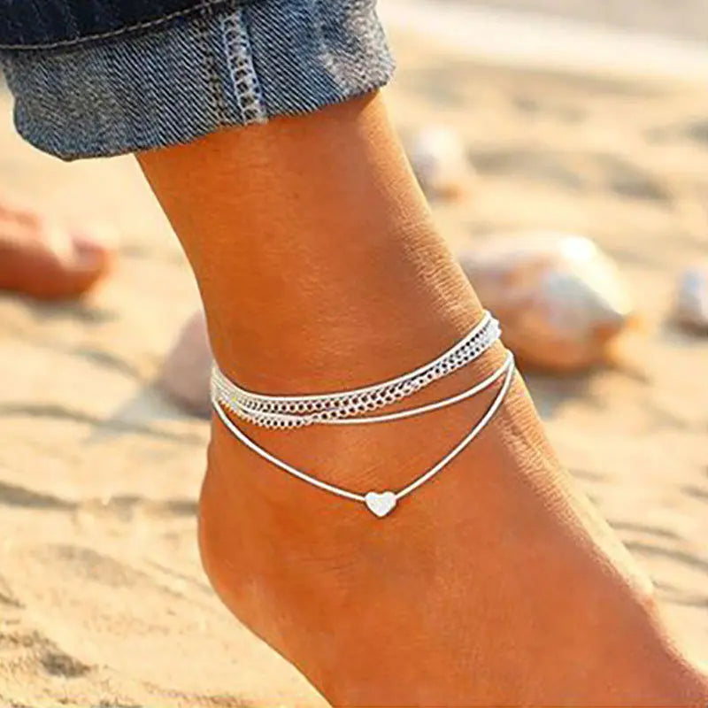 Two Layers Chain Heart Moon Sun Gold Silver Color Anklets For Women Bracelets Summer Barefoot Sandals Jewelry On Foot Leg  Amaijoin