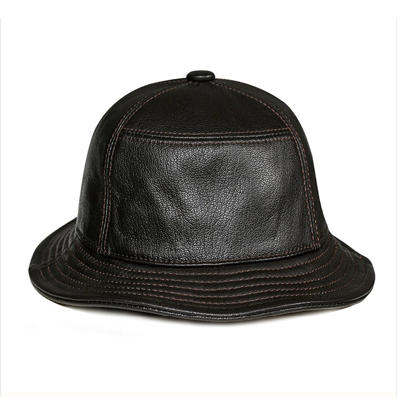 Korean Fashion ACC Unisex Genuine Leather Bucket Hats Men Women Casual Fishing Caps Male Fitted Black Basin Cap Sombrero Mujer  Amaijoin