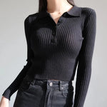 Load image into Gallery viewer, Korean Fashion Buttons Cropped Knitted Polo Shirt Sweater Women Autumn Fashion Elegant Long Sleeve Tops Ladies Knitwear Femme  Amaijoin
