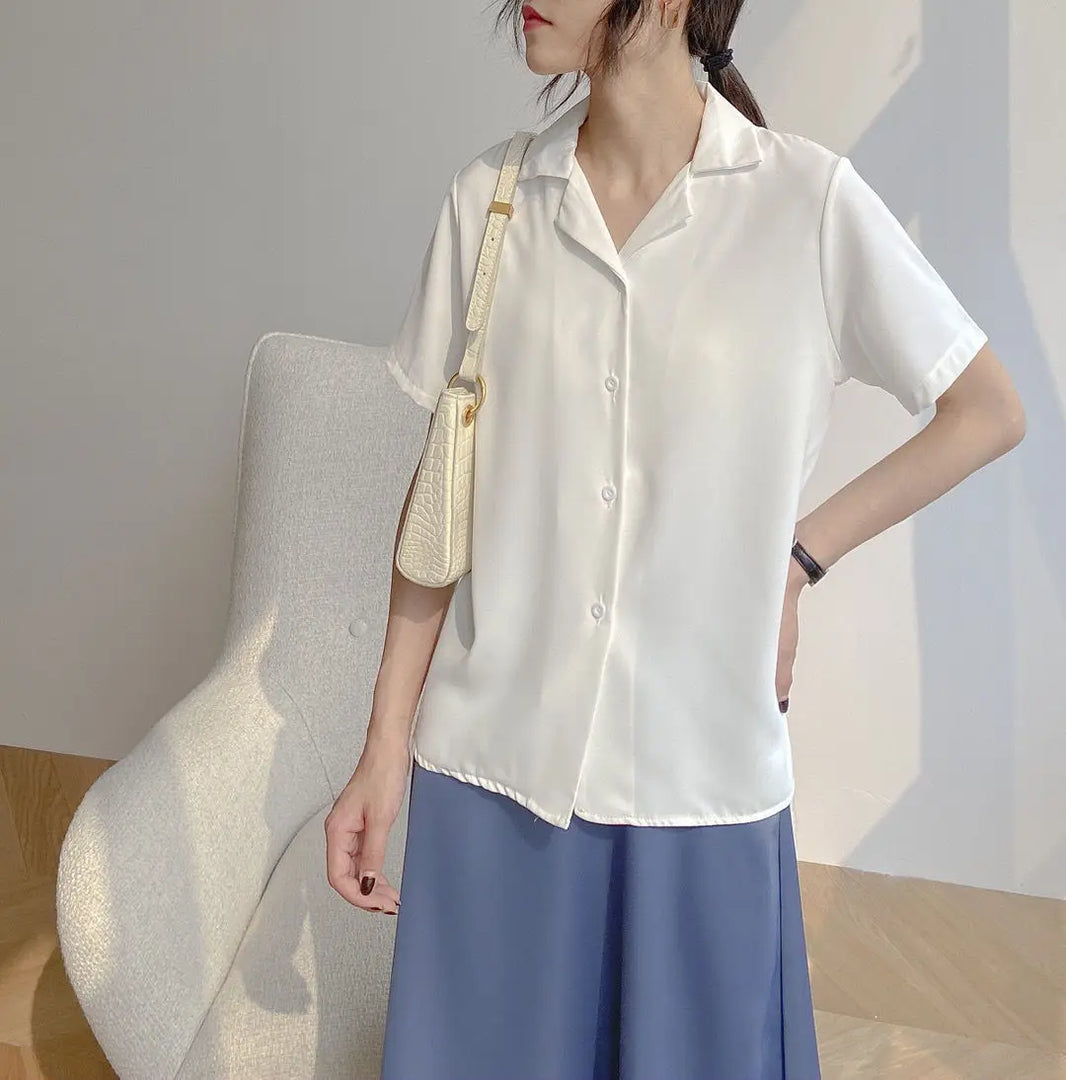 Women Summer Chiffon Blouse Elegant Short Sleeve V Neck Loose Shirt Casual Solid Korean Chic Simple Tops Female Tunic Blusas  Amaijoin