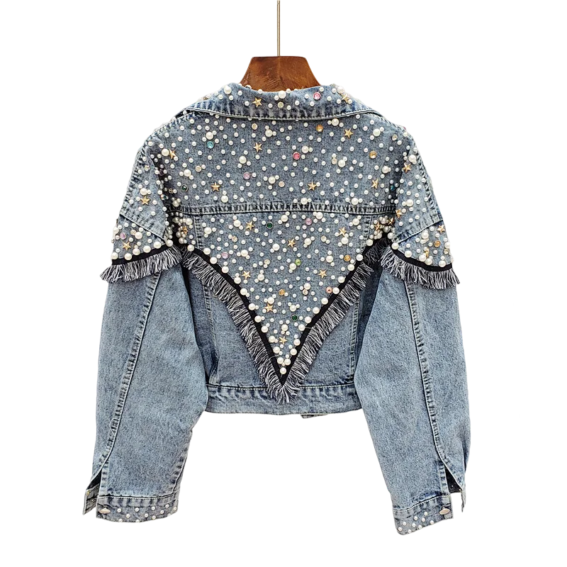 2024 New Mujer Spring Autumn Streetwear Denim Jacket Women Hand-studded Pearls Punk Tassel Veste Femme Loose Short Jeans Coats  Amaijoin