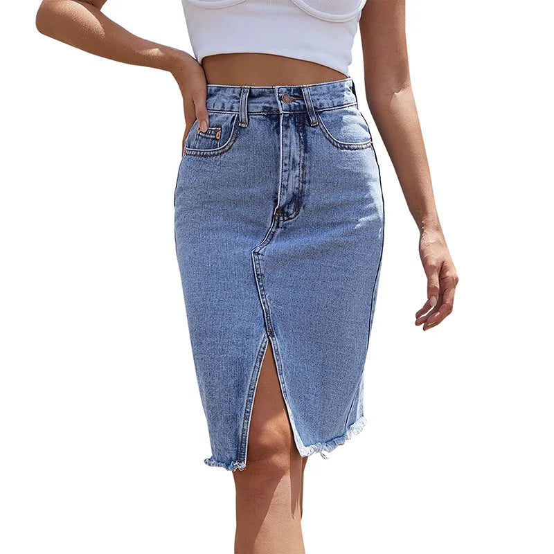 Benuynffy Zipper Fly Raw Hem Split Denim Skirt Women Spring and Summer High Waist Jeans Skirt Female Casual Bodycon Midi Skirts  Amaijoin