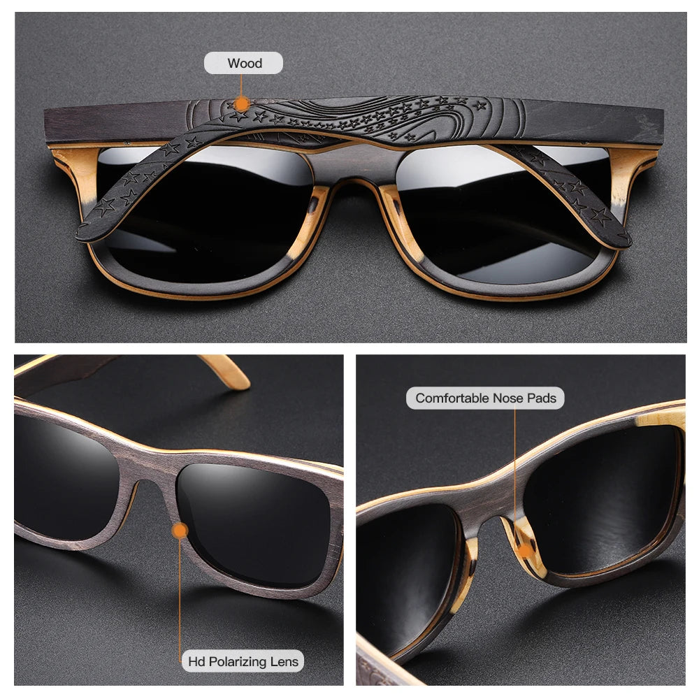 GM Luxury Skateboard Wood Sunglasses Vintage Black Frame Wooden Sunglasses Women Polarized Men's Bamboo Wood Sunglasses S5832  Amaijoin