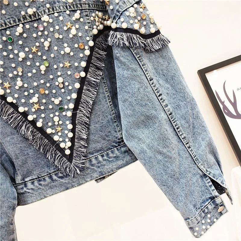 2024 New Mujer Spring Autumn Streetwear Denim Jacket Women Hand-studded Pearls Punk Tassel Veste Femme Loose Short Jeans Coats  Amaijoin