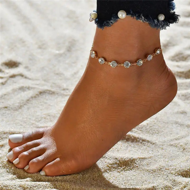 2021 New Fashion Silver Color Stretchy 1/2/3/4/5 Rows Bracelet Anklet Ankle chain Rhinestones Foot Jewelry Crystal Bracelet  Amaijoin