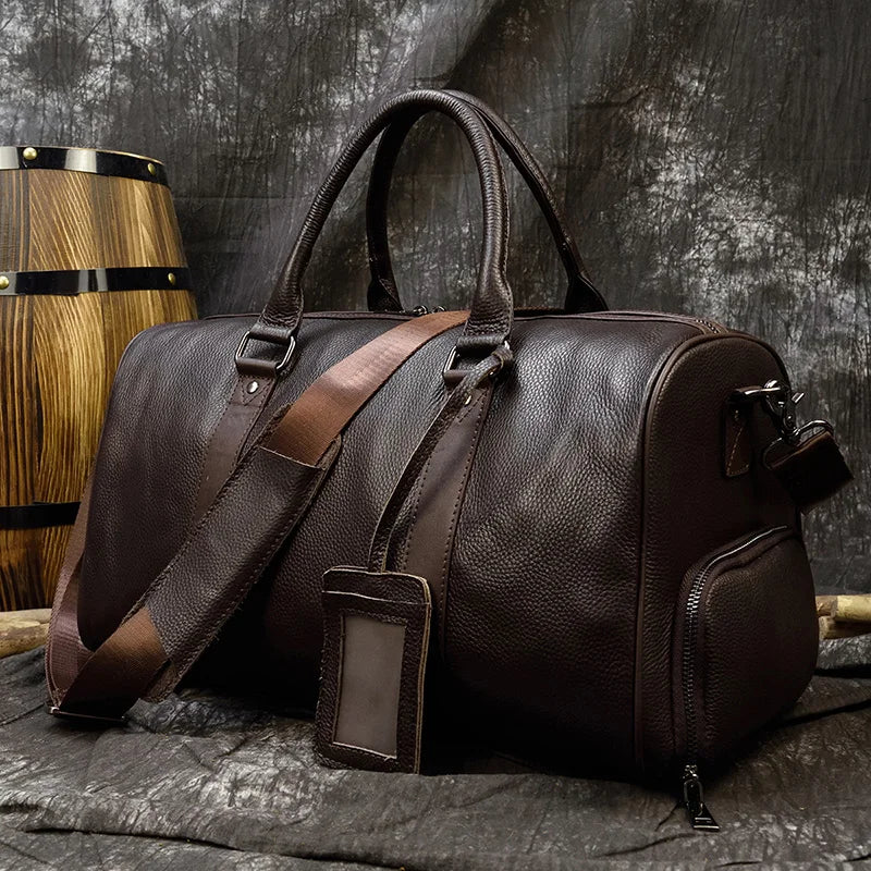 Luxury Genuine Leather Men Women Travel Bag Cow Leather Carry On Luggage Bag Travel Shoulder Bag Male Female Weekend Duffle Bag  Amaijoin