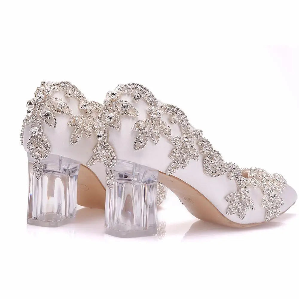 Women Bride Shoes High Heels Wedding Thin Heels White Diamond Glittering Evening Dress Shoe Luxury Crystal Pumps For Party  Amaijoin