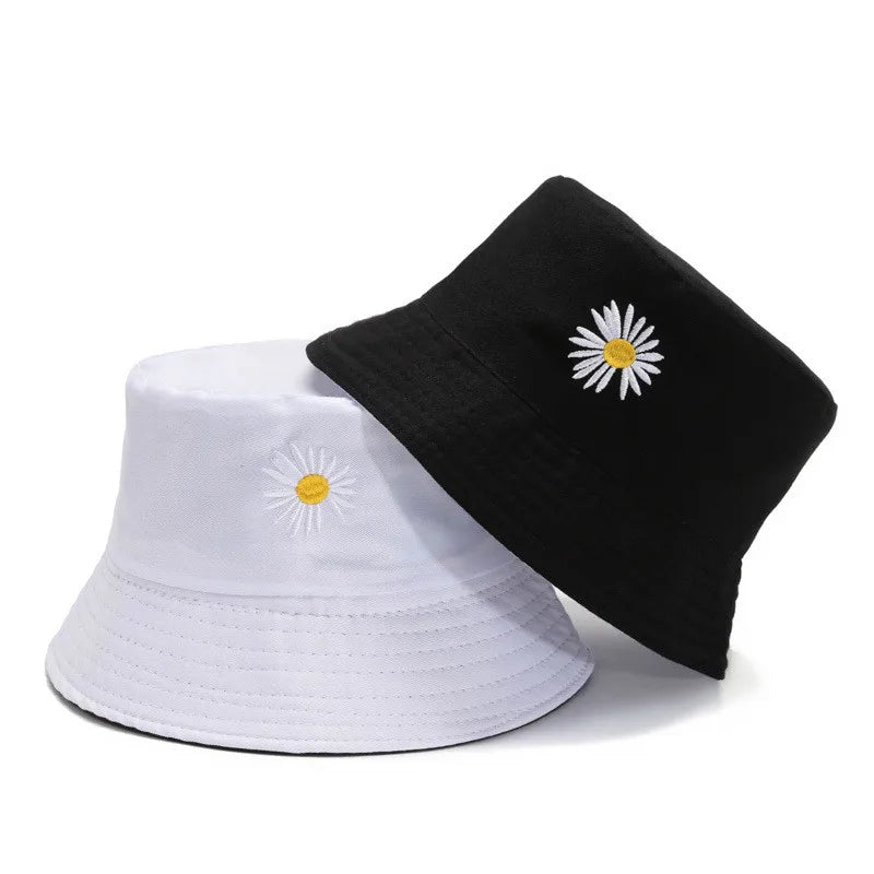 Unisex Bucket Hat Double-Side Outdoor Fishing Cap Women Men Sunscreen Hats Daisy Embroidery Fisherman Caps Double Wear Hats  Amaijoin