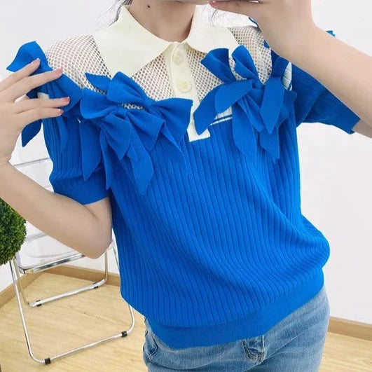 Chic Polo Shirts for Women Ladies Tops Elegant 2021 Summer Knit T Shirt Women Fashion Tops 3D Bows White Patchwork Blue Shirt  Amaijoin