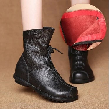 JIANBUDAN/ Genuine Leather Plush women's short Boots Retro Casual Autumn Winter Women's Boots Waterproof leather warm Snow boots  Amaijoin