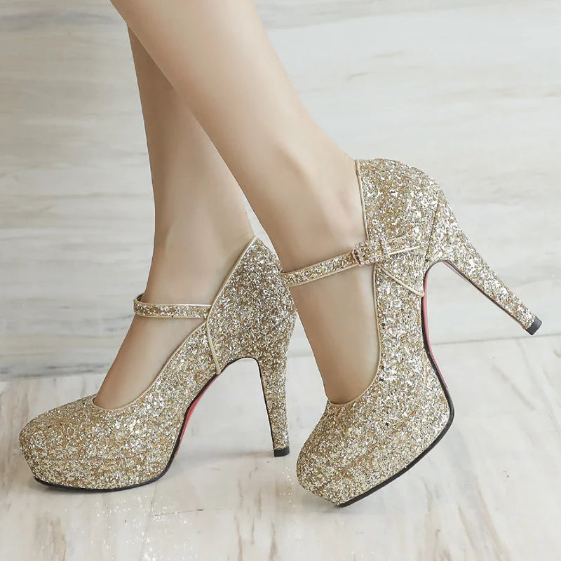 Luxury Sequined High Heels Shoes Woman Pumps Platform Red Gold Silver Heeled Party Office Wedding Bridal Shoes Female ZOGEER  Amaijoin