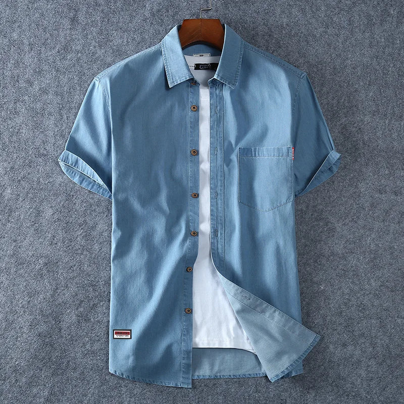 Men's Blue Denim Shirts Short Sleeve Jean Shirts New Summer High Quality Men Cotton Light Blue Denim Shirts Plus size L-8XL  Amaijoin