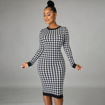 Load image into Gallery viewer, Houndstooth Print Women Long Sleeve Midi Dress Hollow Out Bodycon Sexy Streetwear 2022 Autumn Winter Club Elegant Slim  Amaijoin
