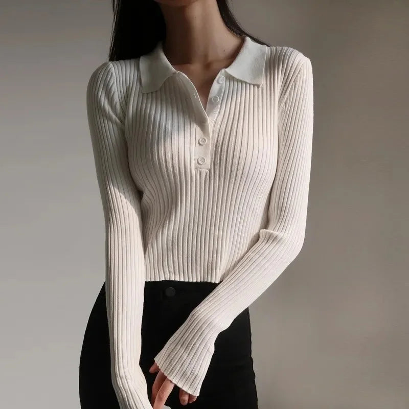 Korean Fashion Buttons Cropped Knitted Polo Shirt Sweater Women Autumn Fashion Elegant Long Sleeve Tops Ladies Knitwear Femme  Amaijoin