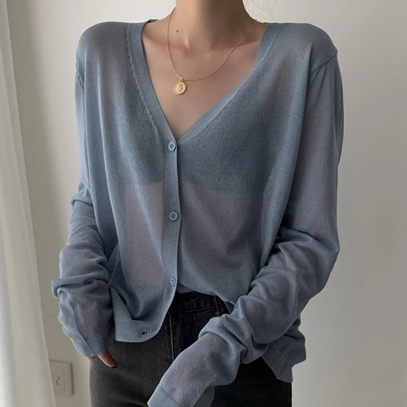 Cardigan Shirt Women Tops Korean Long Sleeve Cardigan Summer Tops V Neck Thin Knitted Sunscreen Shirt Sweater Blusas Mujer E600  Amaijoin