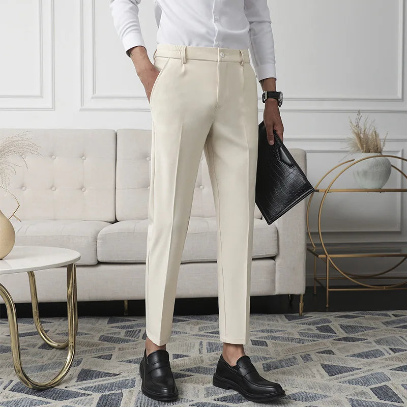 New Men Non-iron fabric Dress Pants Slim Straight Black Apricot Dark Gray Casual Suit Pants Male Business Little Feet Suit pants  Amaijoin