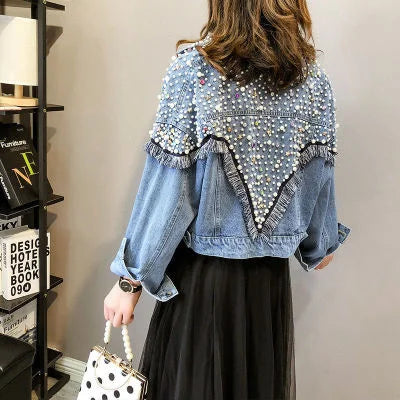 2024 New Mujer Spring Autumn Streetwear Denim Jacket Women Hand-studded Pearls Punk Tassel Veste Femme Loose Short Jeans Coats  Amaijoin