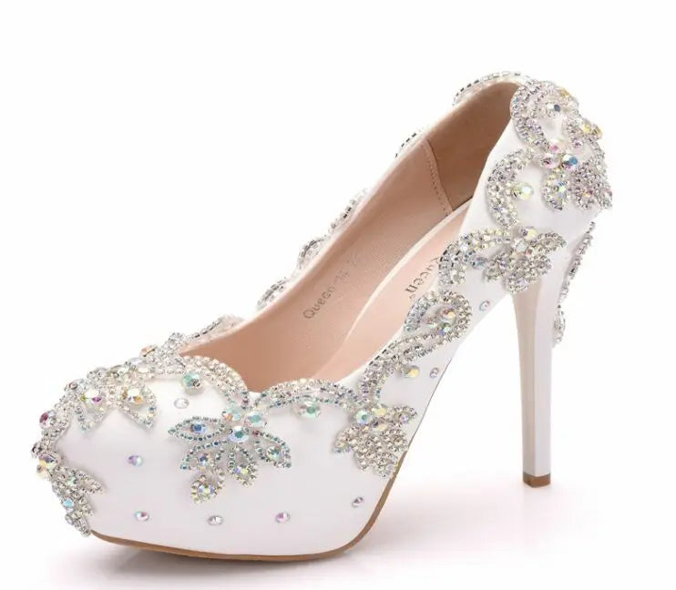 Women Bride Shoes High Heels Wedding Thin Heels White Diamond Glittering Evening Dress Shoe Luxury Crystal Pumps For Party  Amaijoin