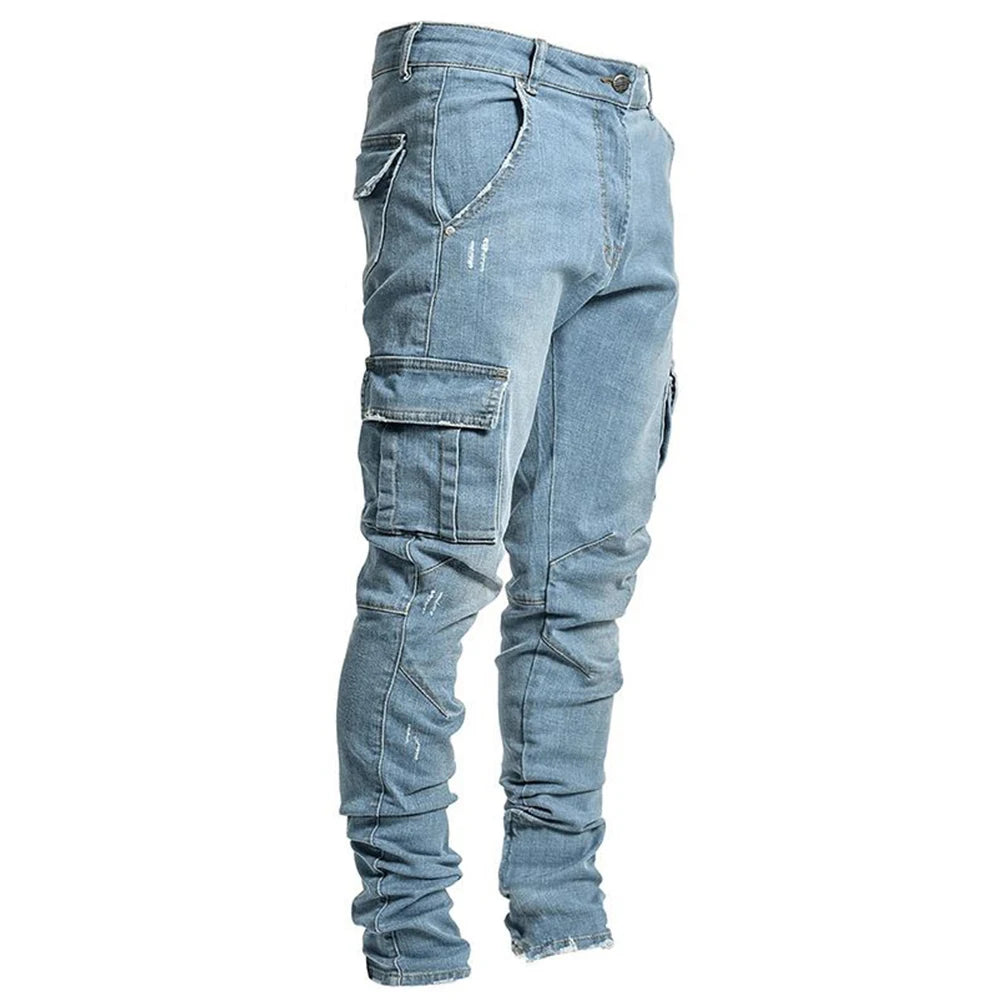 Street Elastic Jeans Men Denim Cargo Pants Wash Solid Color Multi Pockets Casual Mid Waist Trousers Slim Fit Daily Wear Joggers  Amaijoin