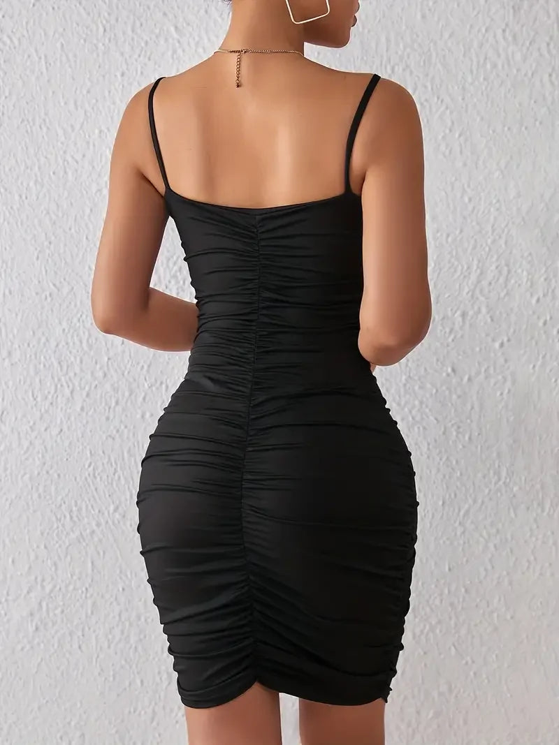 Ruched Bodycon Spaghetti Dress, Sexy Backless V-neck Cami Dress, Women's Clothing  Amaijoin