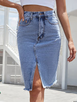 Load image into Gallery viewer, Benuynffy Zipper Fly Raw Hem Split Denim Skirt Women Spring and Summer High Waist Jeans Skirt Female Casual Bodycon Midi Skirts  Amaijoin
