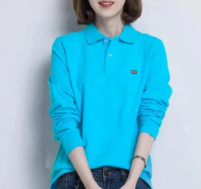 Women's  100% Cotton Long Sleeve Polo Shirts Femmes Lapel T Shirts Collar All-Season New T-shirt Workout Tops  Polo shirt  Amaijoin