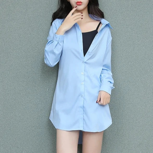 Mid-Length White Shirt Women BF Sexy Shirt Pajamas Female Skirt Ladies Tops Loose 2023 Autumn Clothing Women Shirts and Blouses  Amaijoin