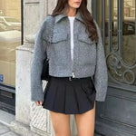 Load image into Gallery viewer, TRAF 2024 Women&#39;s Cropped Jacket Vinatge Grey OuterwearLong Sleeve With Pocket Zipper Faux Fur Coat Fashion Women&#39;s Clothing  Amaijoin
