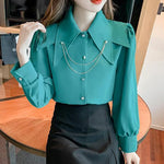 Load image into Gallery viewer, Doll Pointed Neck Turn Down Collar Bubble Long Sleeve Loose Top Chain Casual Shirt And Blouses OL Woman French Elegant 2024Trend  Amaijoin
