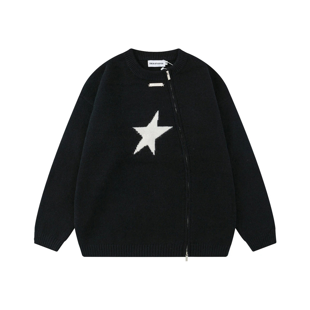 7073 Autumn Winter Chic Zipper Star Round Neck Knitting Pullovers For Men And Women Couple Ins Trendy Casual Loose Knitwear Tops  Amaijoin