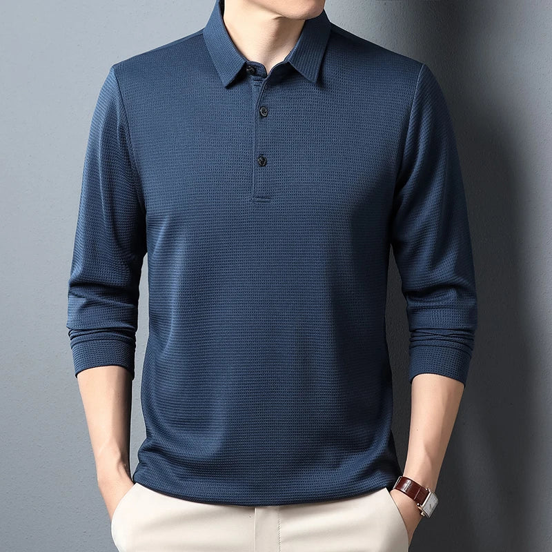 Men's Business Casual Polo Long Sleeve T-shirt Summer Comfortable  Solid Cotton Top  Amaijoin