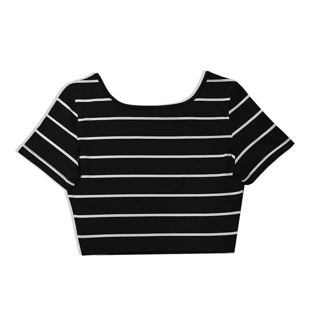 Stripe Print Crew Neck T-Shirt Y2k short Sleeve Crop T-Shirt For Spring &Summer Women's Clothing  Amaijoin