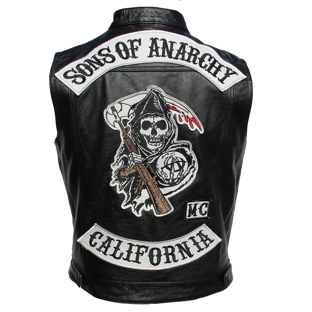 Sons of Anarchy Embroidery Motorcycle Vest Men Leather Sleeveless Jacket Real Cowhide Leather Club Riding Biker Vests M008  Amaijoin